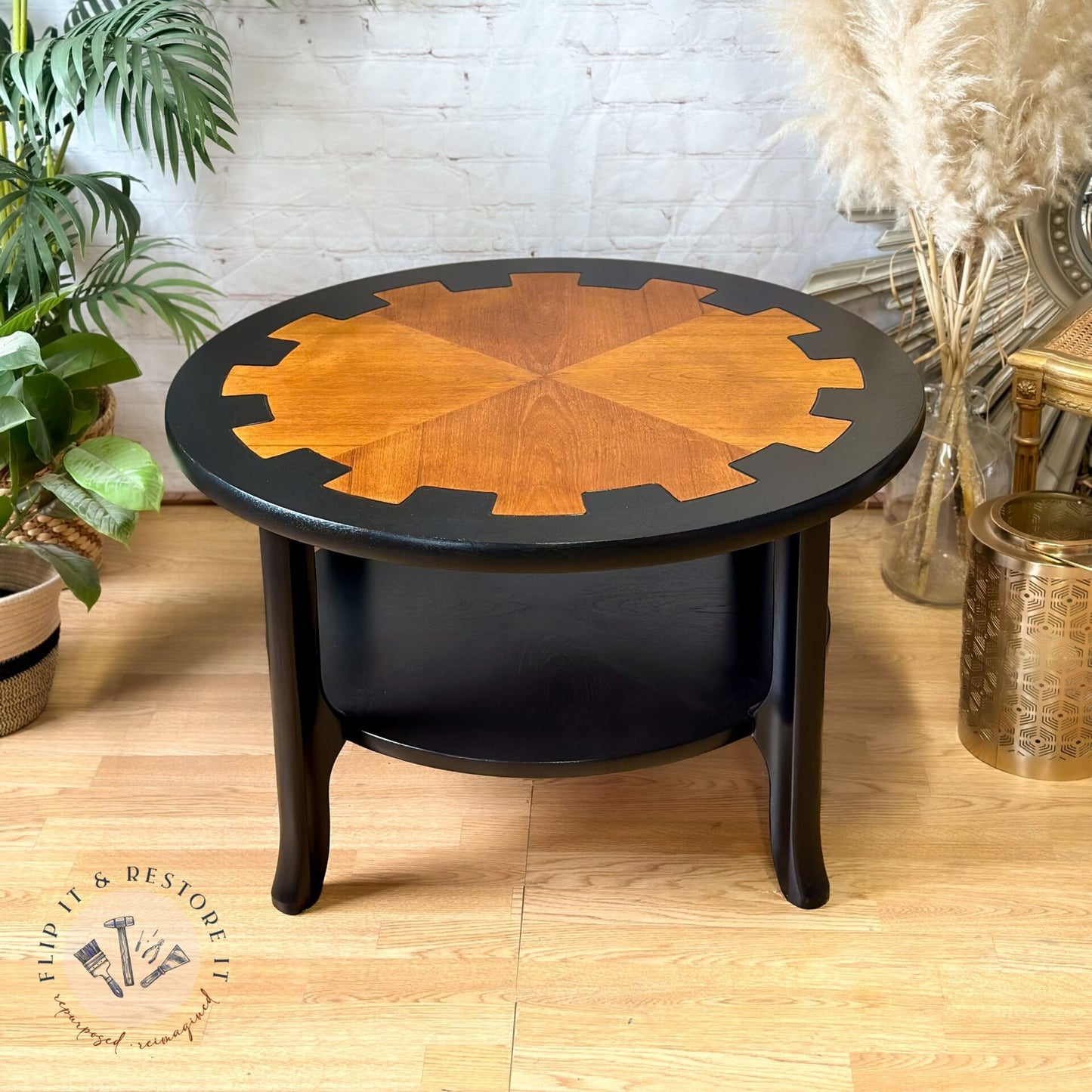 MCM Circular Round 'Cog' Coffee Table By Nathan Furniture Wooden Side Table Hand-Painted in Black