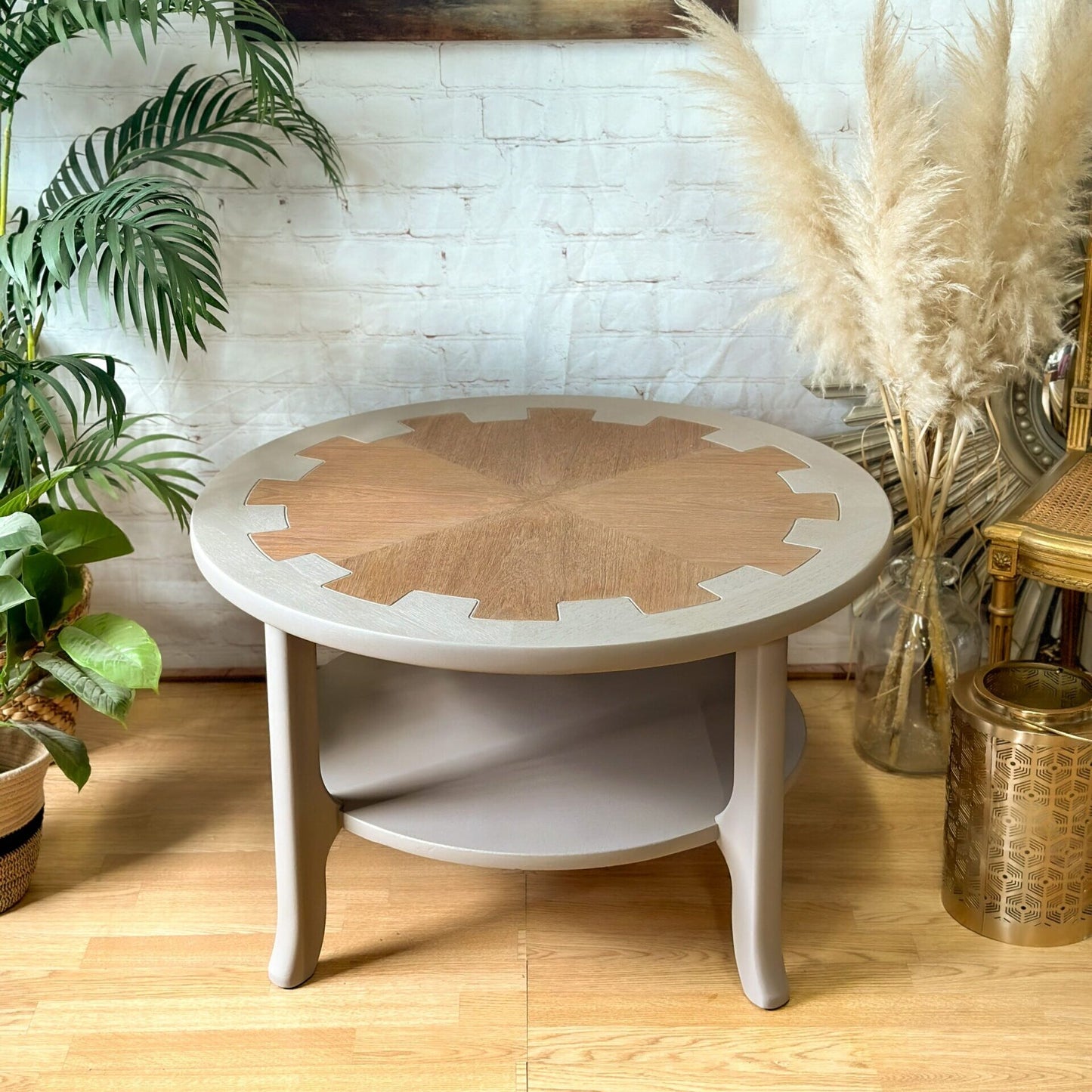 MCM Circular Round 'Cog' Coffee Table By Nathan Furniture Wooden Side Table Hand-Painted in Soft Khaki Beige