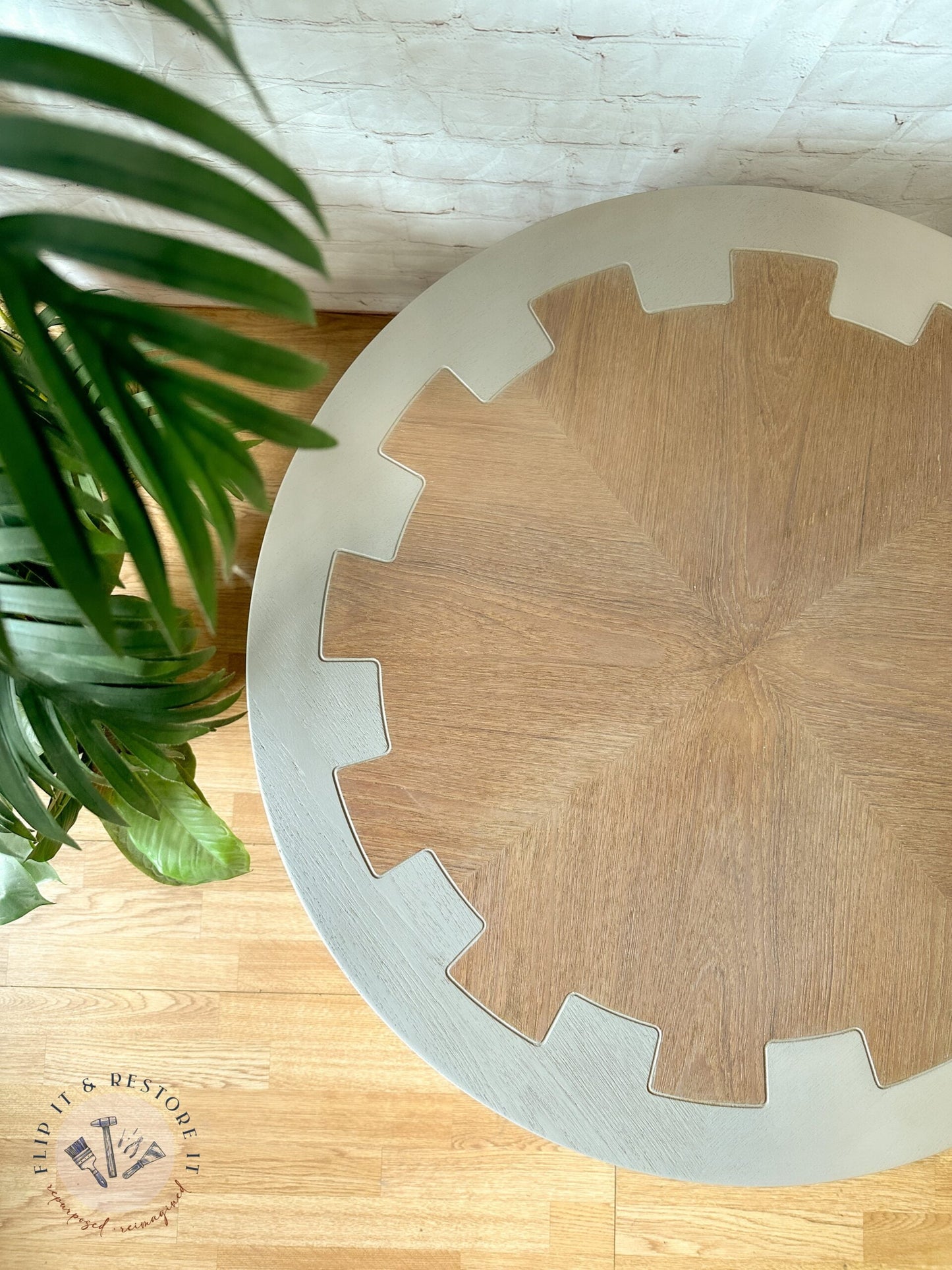 MCM Circular Round 'Cog' Coffee Table By Nathan Furniture Wooden Side Table Hand-Painted in Soft Khaki Beige