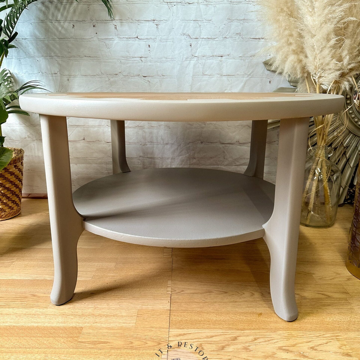 MCM Circular Round 'Cog' Coffee Table By Nathan Furniture Wooden Side Table Hand-Painted in Soft Khaki Beige