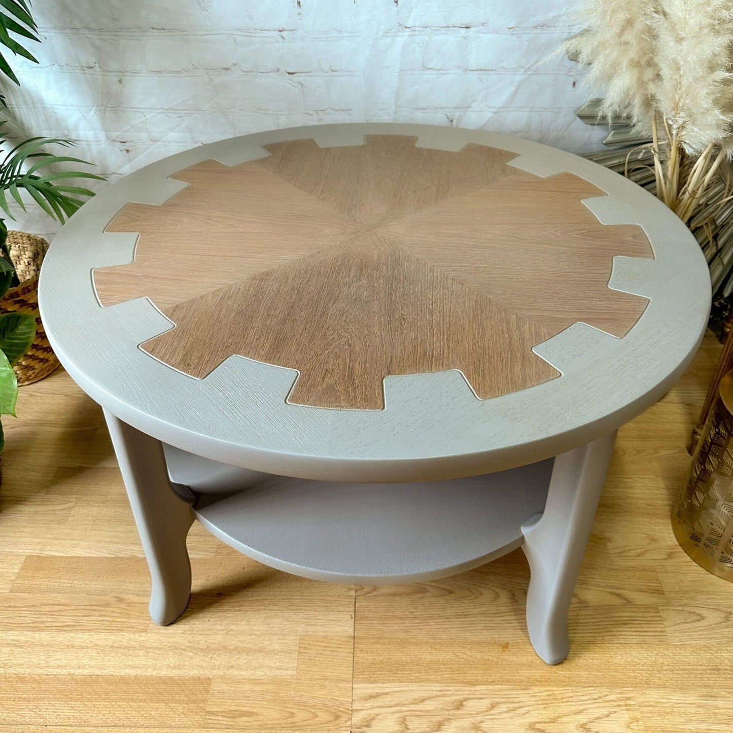 MCM Circular Round 'Cog' Coffee Table By Nathan Furniture Wooden Side Table Hand-Painted in Soft Khaki Beige