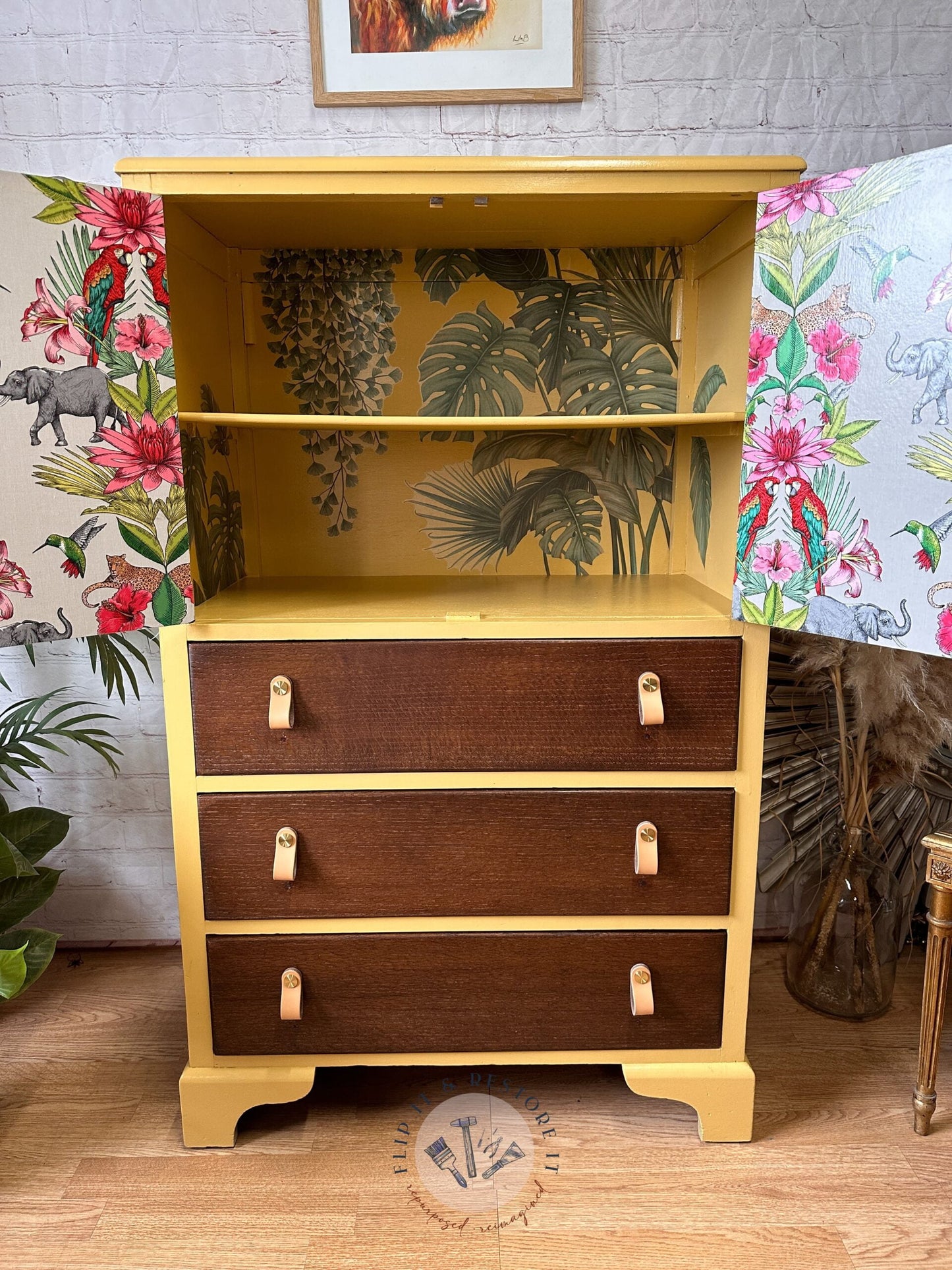 Hand-painted cabinet, Tallboy, Linen Cupboard, Upcycled Cupboard, Bedroom Storage, Kitchen Storage, Clothes Storage Tropical