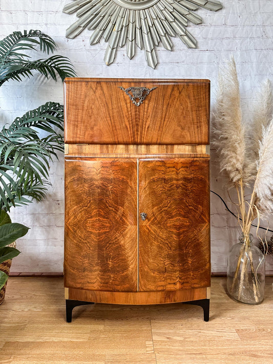 Rivington Cocktail Cabinet, Vintage Drinks Bar, Green and Gold, Art Deco, 1950’s Drinks Unit, Retro Bar, Walnut, Monstera Leaves