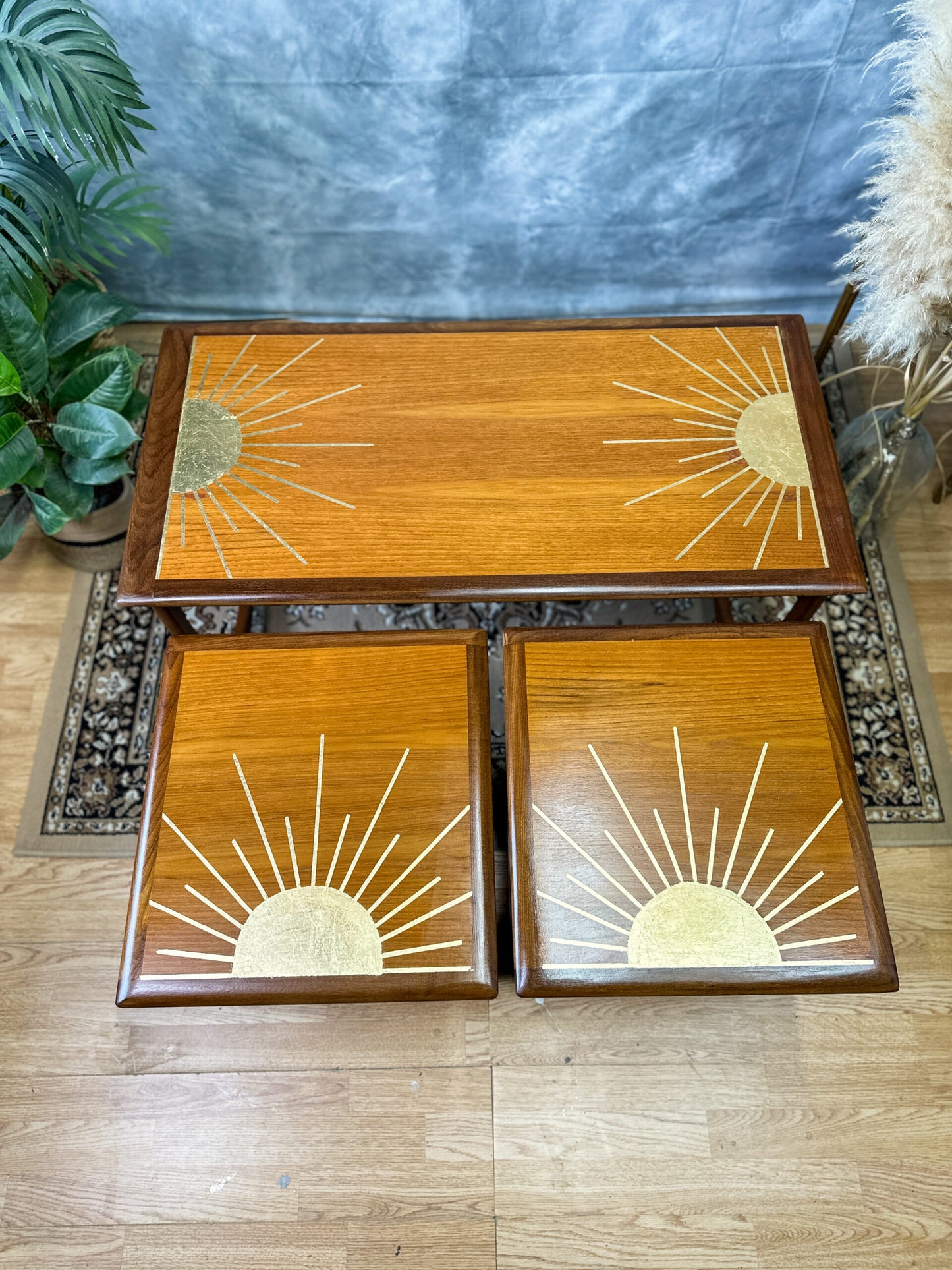 G-Plan Long John Nest of 3 Tables with Gold Leaf Sunburst Design