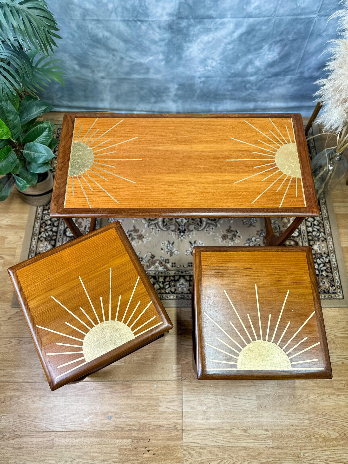 G-Plan Long John Nest of 3 Tables with Gold Leaf Sunburst Design