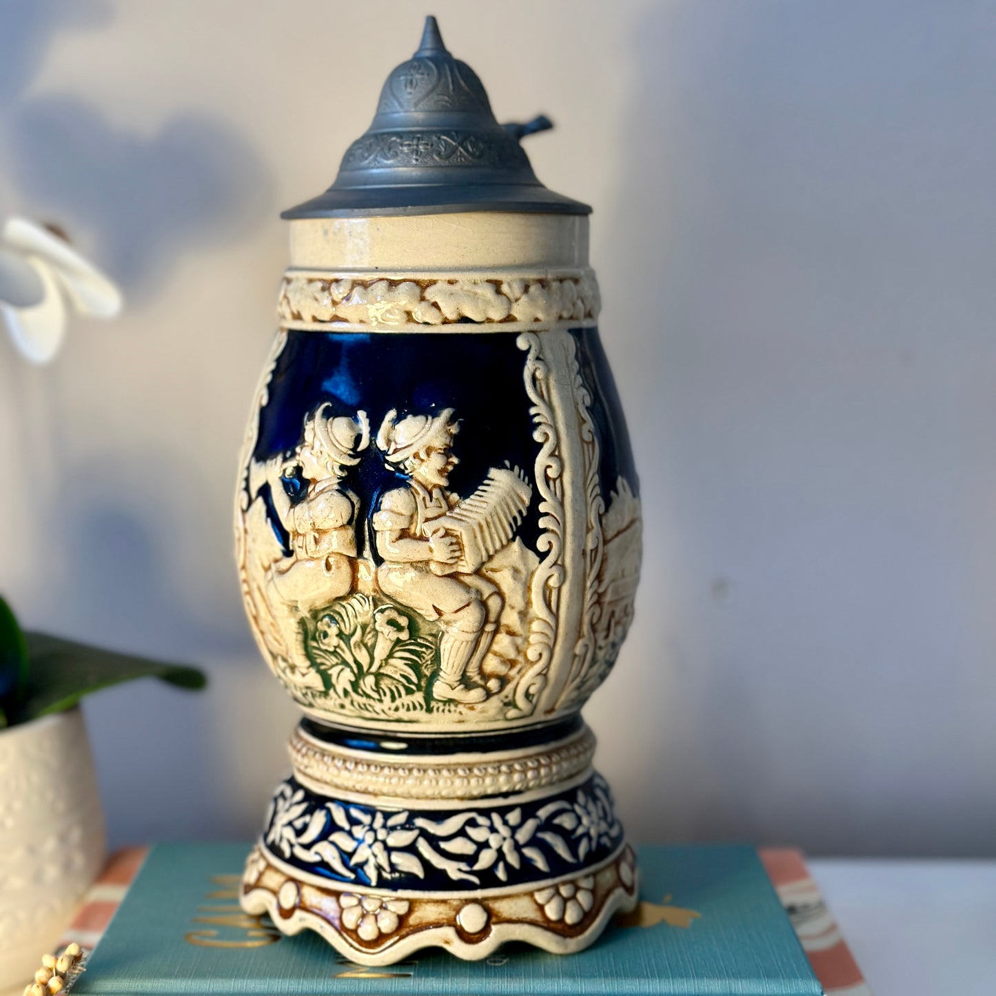 Vintage German Lidded Ceramic Beer Stein - Alpine Scene