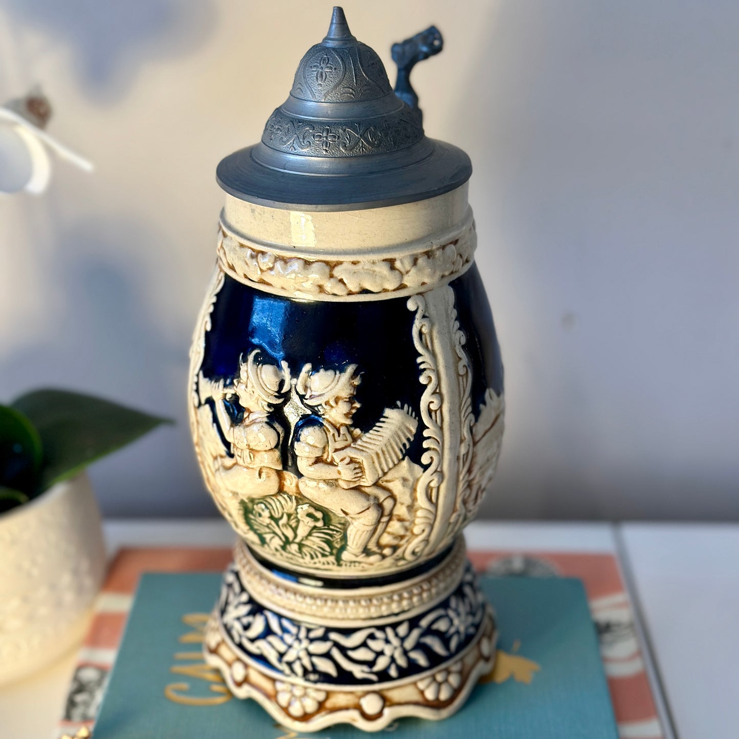 Vintage German Lidded Ceramic Beer Stein - Alpine Scene