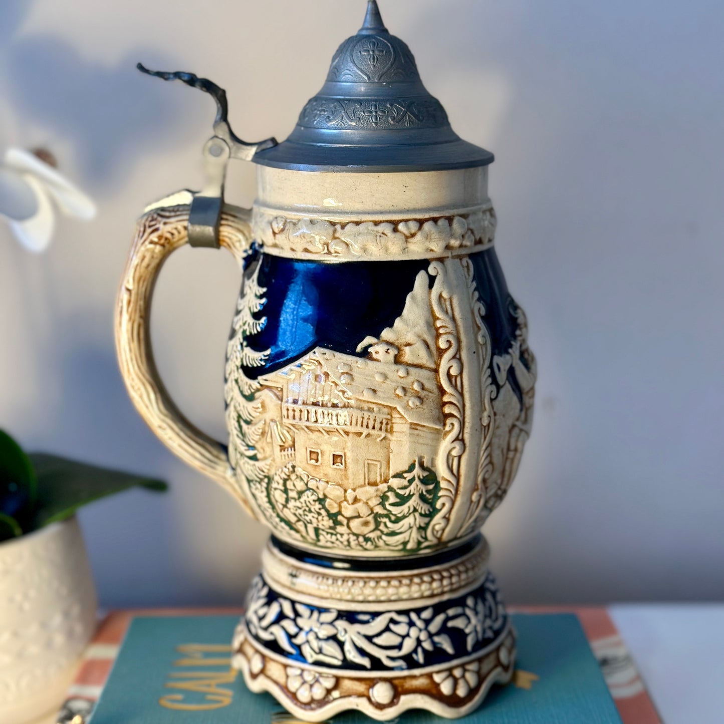 Vintage German Lidded Ceramic Beer Stein - Alpine Scene