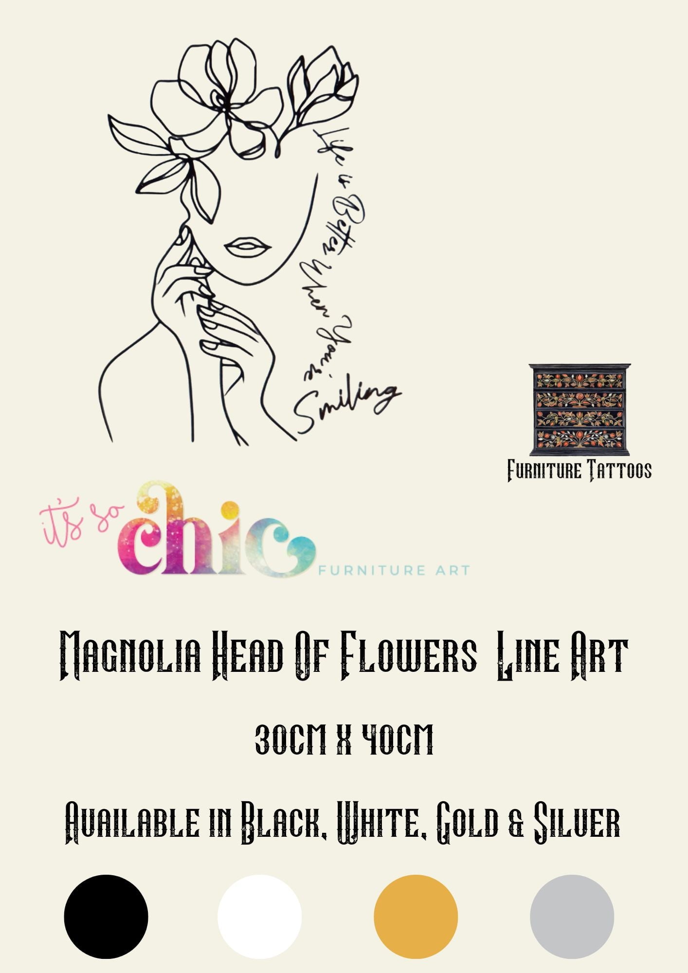 Furniture Tattoos | Vinyl Decals | Magnolia Head of Flowers Line Art | 30cm x 40cm | It’s So Chic Furniture Art