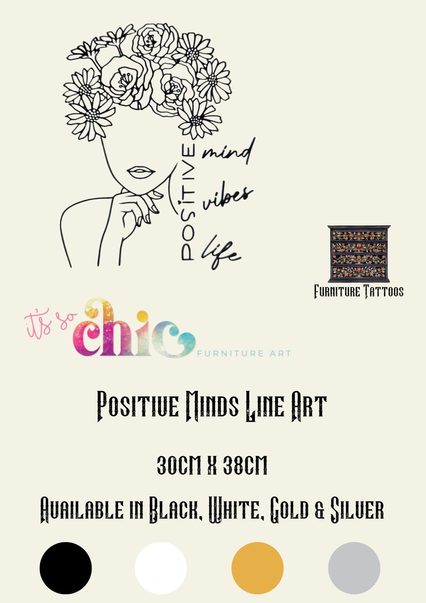 Furniture Tattoos | Vinyl Decals | Positive Mind Line Art | 30cm x 38cm | It’s So Chic Furniture Art