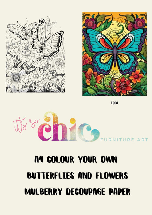 Decoupage Paper | Craft Paper | Colour Your Own Butterflies and Flowers | A4 Mulberry | It’s So Chic Furniture Art