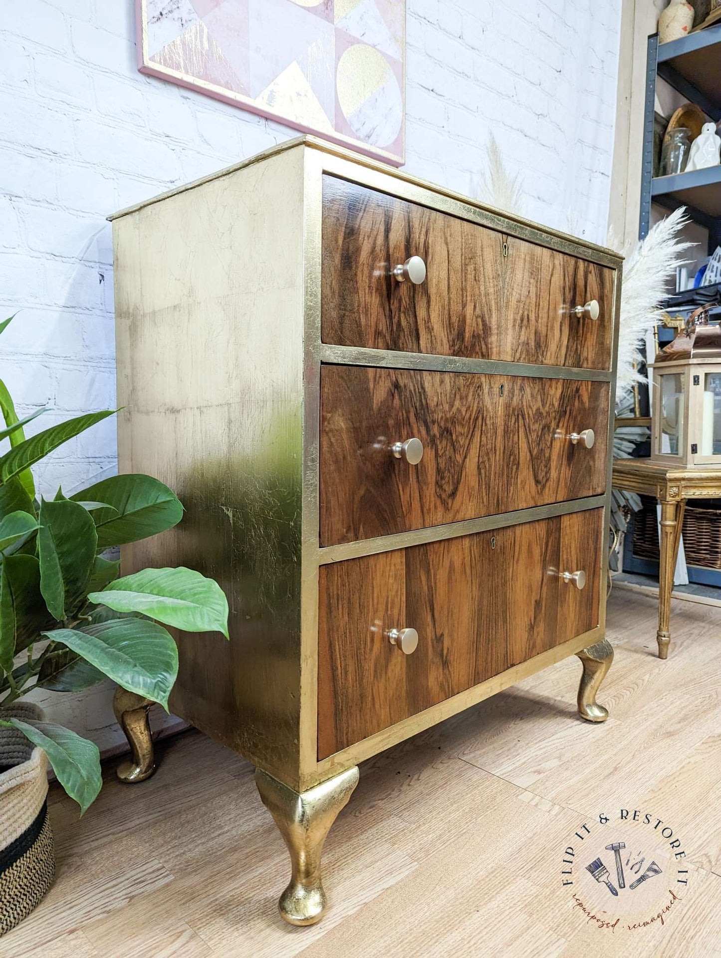 Gold Leaf Walnut Burr Chest of Drawers