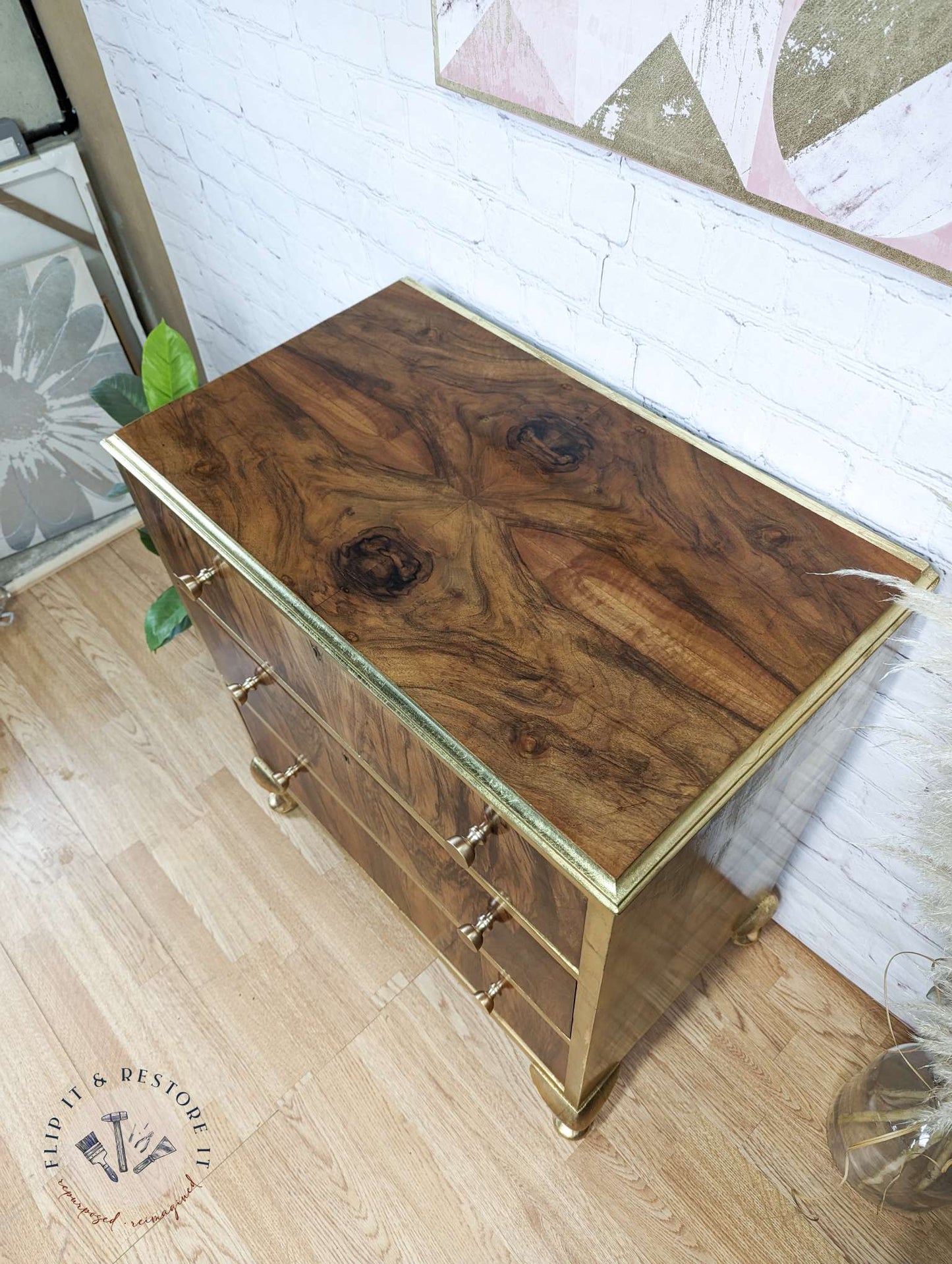 Gold Leaf Walnut Burr Chest of Drawers