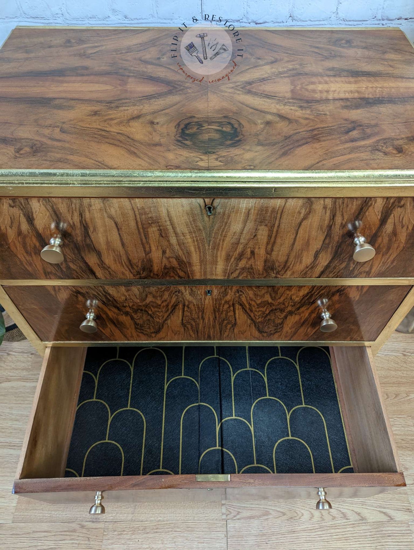 Gold Leaf Walnut Burr Chest of Drawers