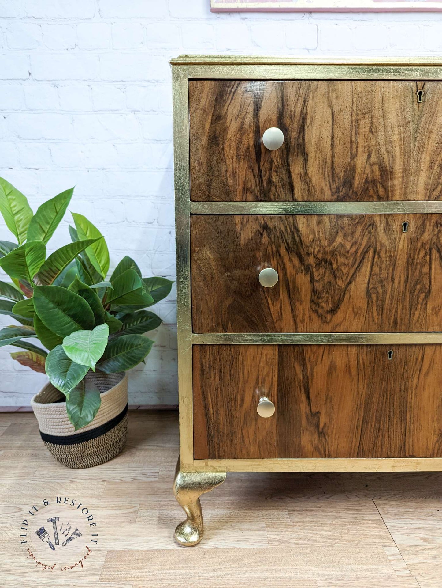 Gold Leaf Walnut Burr Chest of Drawers