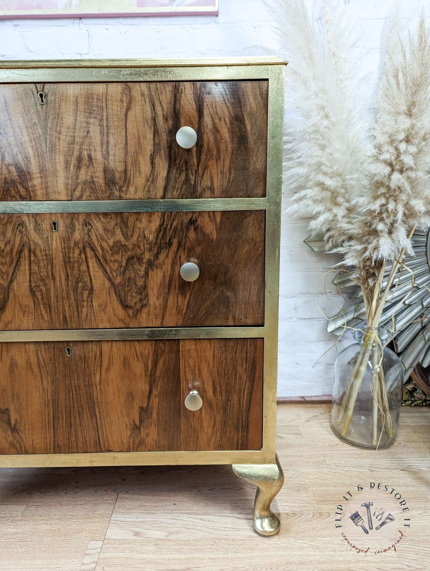 Gold Leaf Walnut Burr Chest of Drawers