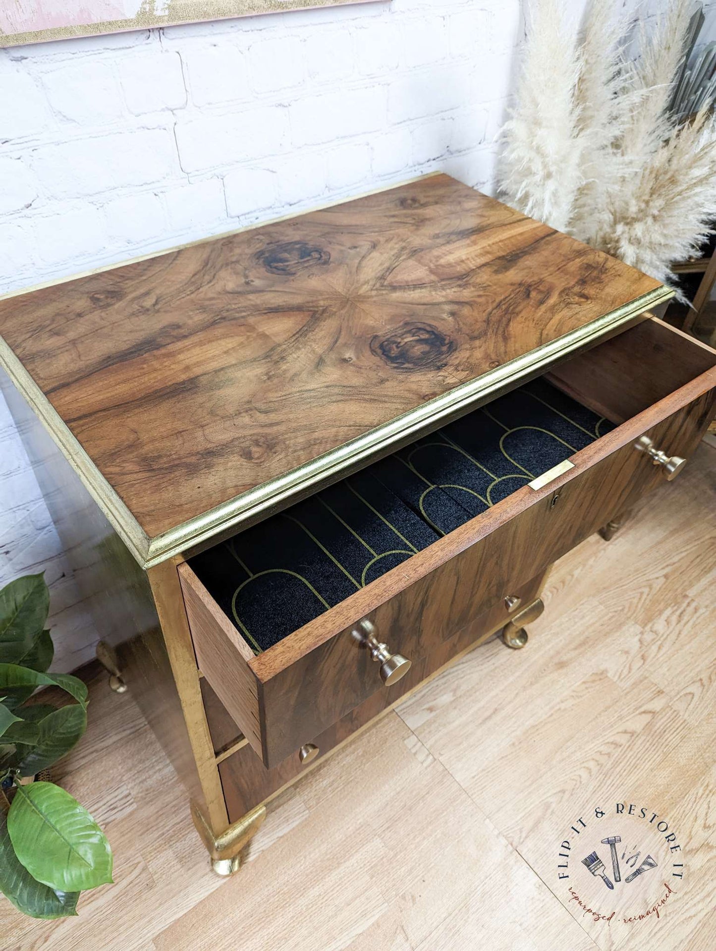 Gold Leaf Walnut Burr Chest of Drawers