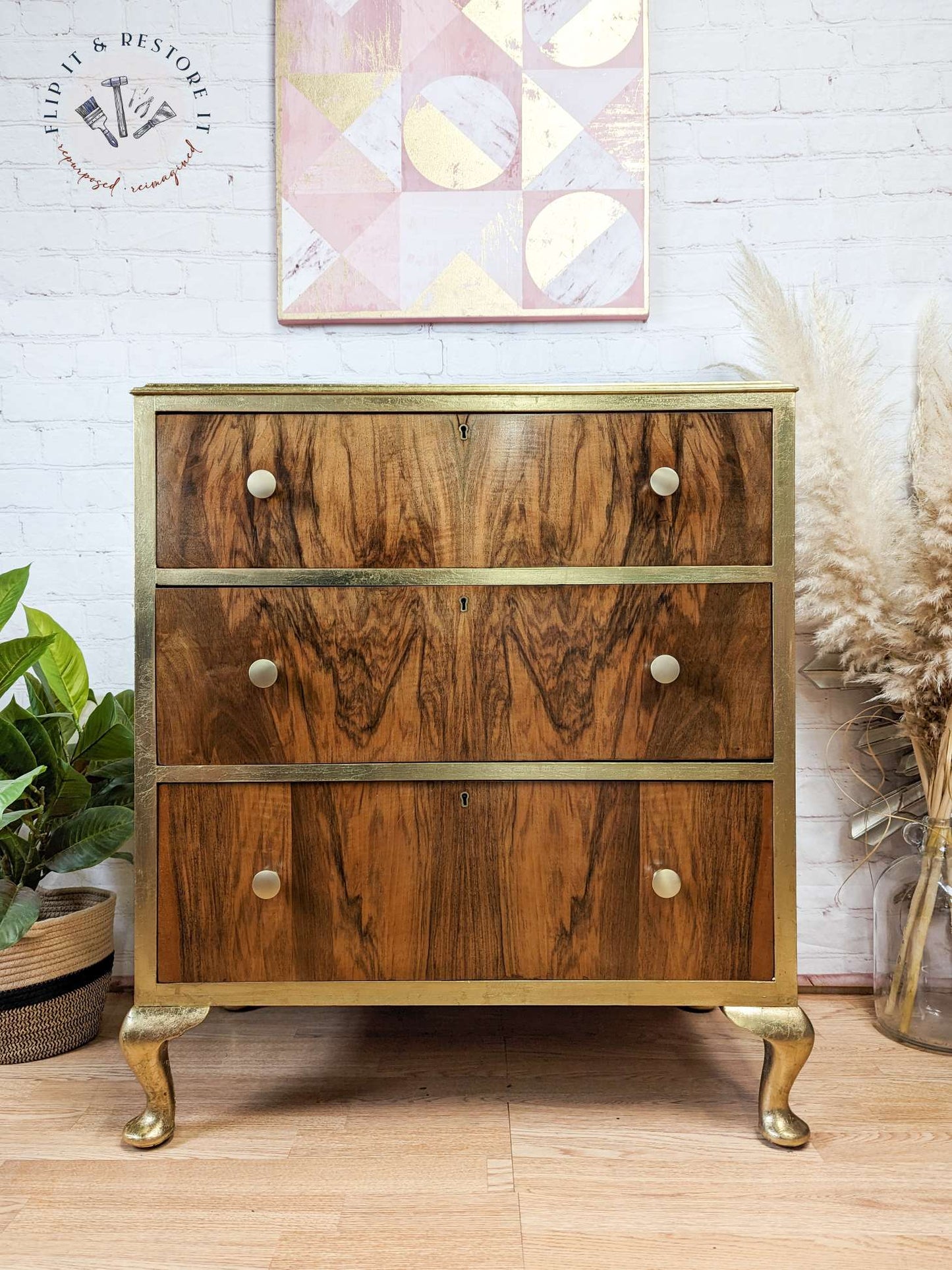 Gold Leaf Walnut Burr Chest of Drawers