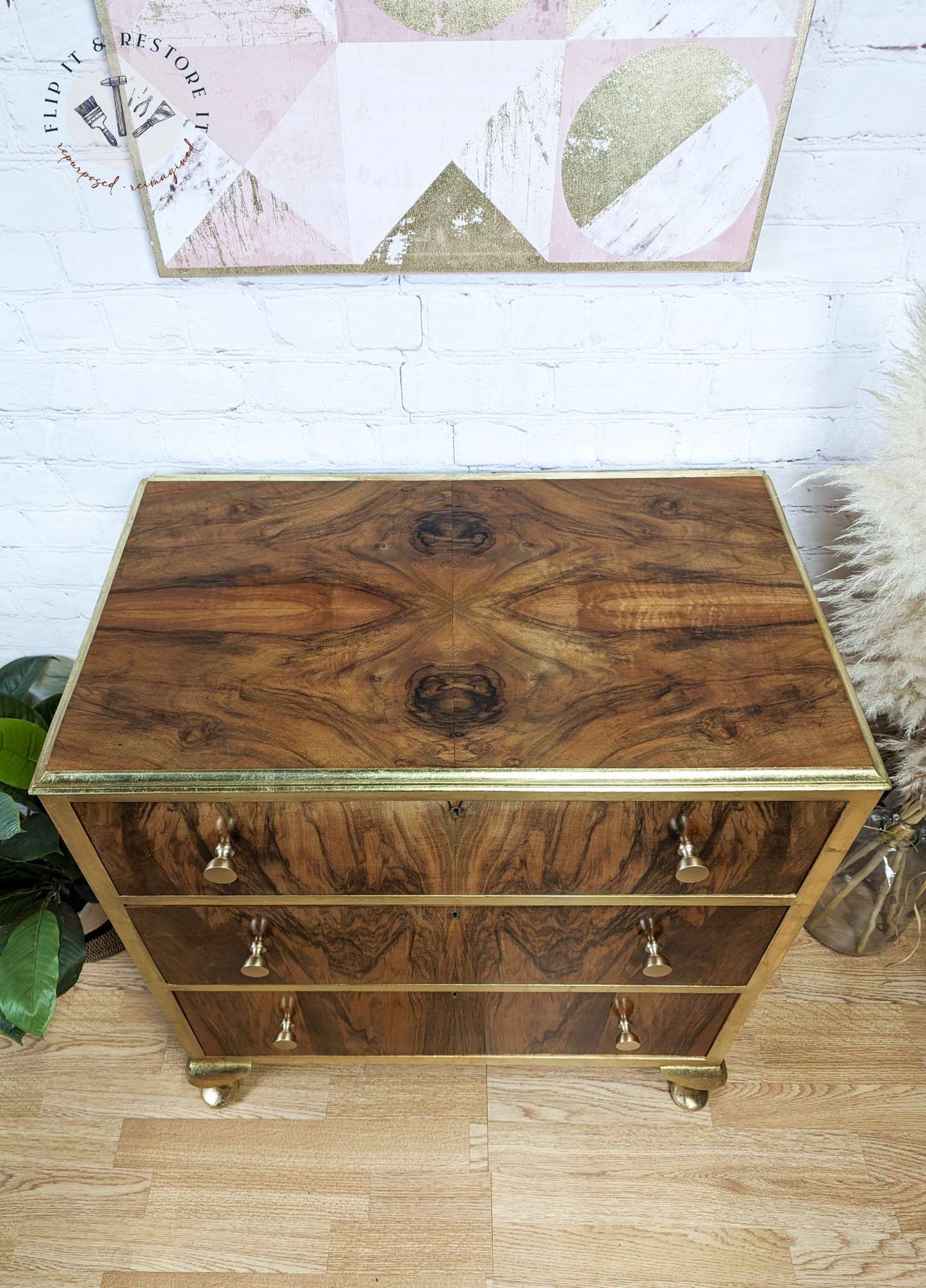 Gold Leaf Walnut Burr Chest of Drawers